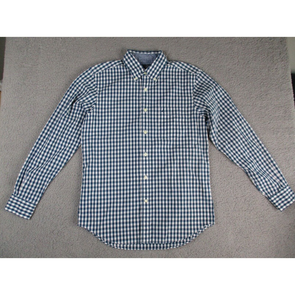Nautica Shirt Men's Medium Blue White Checkered Long Sleeve Button Down